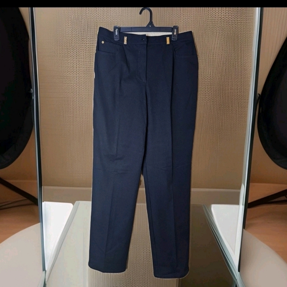VTG ST. JOHN Sport Marie Gray Designer Navy Gold Accent Crop Ankle Pants Size 16